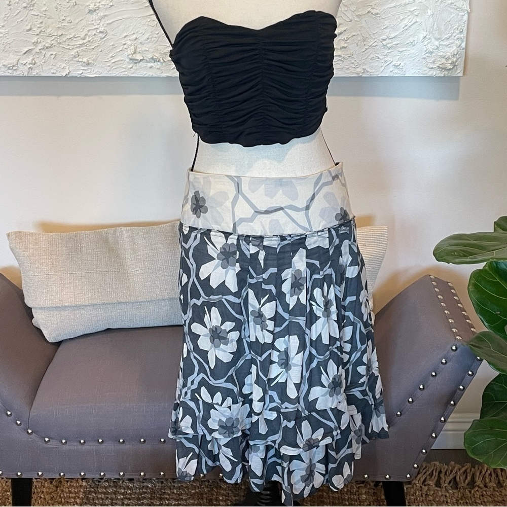 WEEKEND MAX MARA COTTON GAUZE A-LINE Skirt Floral Gray Ivory Lined Sz 8.